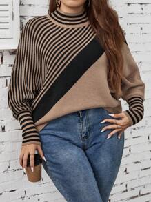 SHEIN LUNE Plus Striped Pattern Batwing Sleeve Sweater, For Winter - Multicolor - View 4