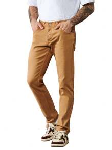 RueChic Men Solid Slant Pocket Straight Leg Pants - Yellow - View 1