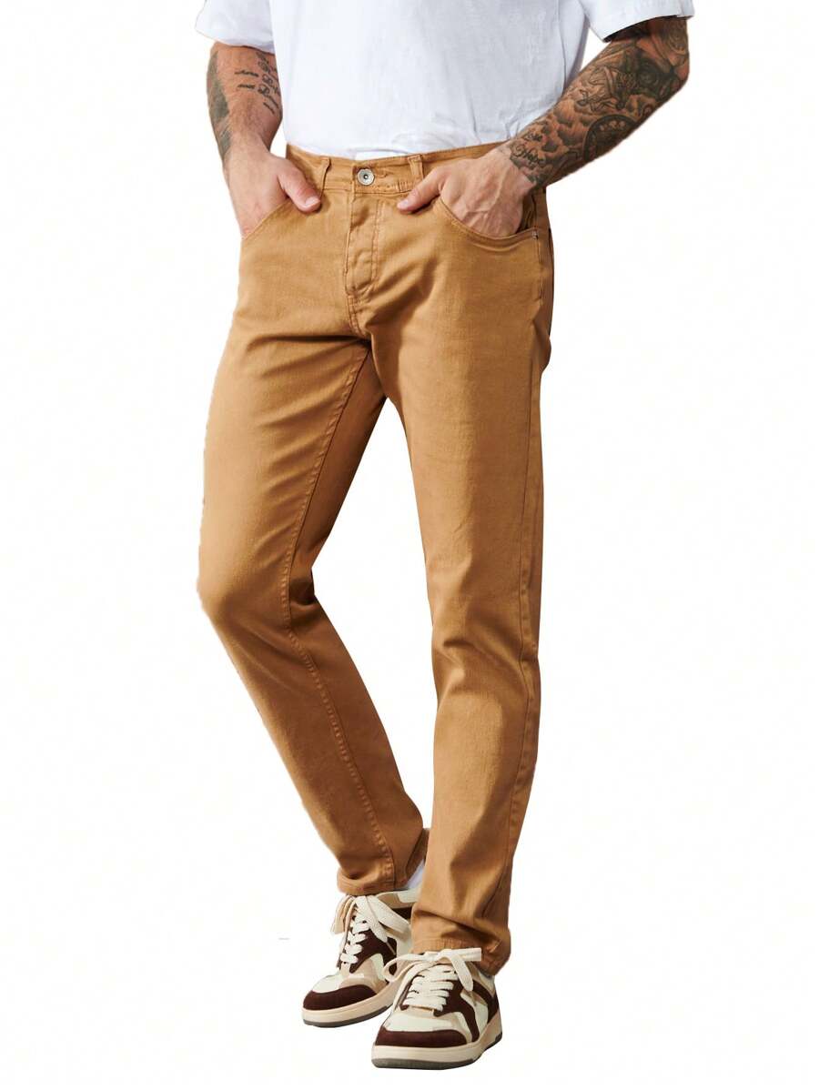 RueChic Men Solid Slant Pocket Straight Leg Pants - Yellow - View 1