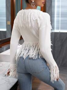 Zolique 休閒流蘇純色女士開襟衫 - 白色 - 查看 2