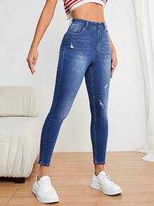 SHEIN LUNE Quần jean rách - Rửa trung bình - Xem 5