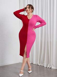 SHEIN Privé Talla grande Vestido ajustado de dos tonos con botón delantero - Multicolor - Ver 1