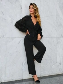SHEIN Unity Fuzzy Lantern Sleeve Belted Jumpsuit - Black - View 4