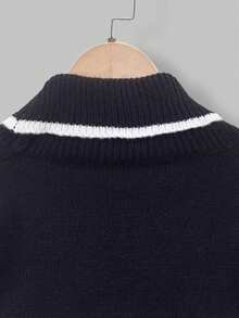 Tween Boy Striped Pattern Embroidery Detail Drop Shoulder Cardigan - Black and White - View 7