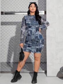 SHEIN EZwear 大碼色塊拼接圖案小高領緊身洋裝 - 彩色 - 查看 6