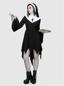 ROMWE Avant 拼色荷葉邊袖手帕下擺洋裝 - 黑與白 - 查看 1