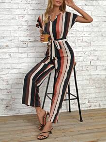 SHEIN LUNE In sọc Thắt lưng Áo liền quần ống rộng - Nhiều màu - Xem 5