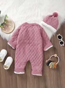 SHEIN Girls Baby Button Through Thermal Knit Jumpsuit With Hat - Pink - View 2