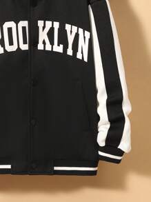SHEIN Adolescent Garçon Veste Universitaire À Lettres À Ourlet À Rayures Couture Latérale Contrastée - Noir et Blanc - Voir 5
