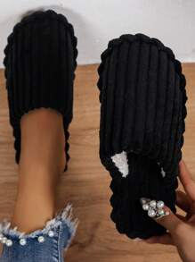 秋冬黑色软底闭趾拖鞋，休闲家居凉拖，毛绒拖鞋 - 黑色 - 查看 2