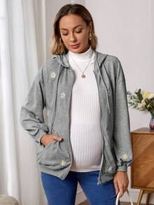 SHEIN Maternity Zip Up Floral Embroidery Drawstring Sweatshirt - Light Grey - View 3