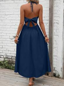 Breezaya Đầm Maxi Cổ Chữ V Halter Hở Lưng Buộc Dây Chắc Chắn Trang Phục Đi Biển Cho Nữ - Màu xanh hải quân - Xem 2