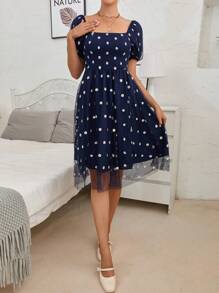 SHEIN Frenchy 印花網紗覆蓋洋裝 - 藏蓝色 - 查看 4