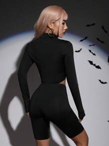 SHEIN ICON Halloween Reflective Skeleton Print Top & Biker Shorts, Neon Glow Party Outfit - Black - View 4