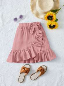 SHEIN Young Girl Ruffle Trim Wrap Knot Side Skirt - Pink - View 1