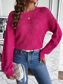 SHEIN LUNE Jersey unicolor de hombros caídos de punto de malla - Rosa Fucsia - Ver 1