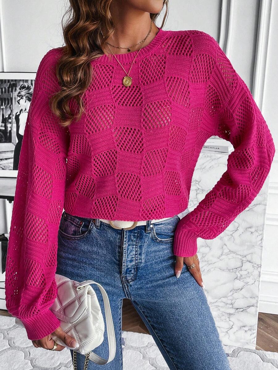 SHEIN LUNE Jersey unicolor de hombros caídos de punto de malla - Rosa Fucsia - Ver 1