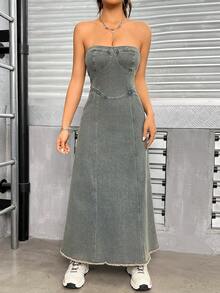 SHEIN Coolane Slant Pocket Tube Denim Dress - Medium Wash - View 5