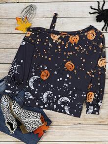 Felpe con stampa halloween scollatura asimmetrica