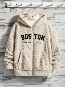 SHEIN 男大童字母刺繡落肩袖連帽夾克無衛衣 - 卡其色 - 查看 7