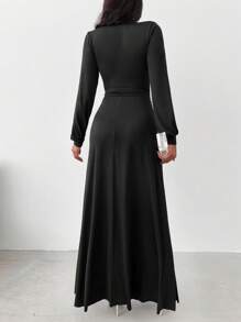 EURMUSE Women's Solid Color Criss-Cross V-Neck Long Sleeve Side Slit Hem Sexy Dress - Black - View 2