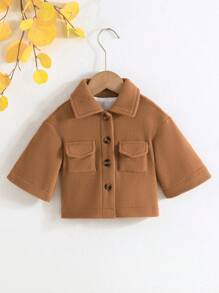 Baby Girl Flap Pocket Button Front Coat - Brown - View 3