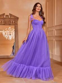 Tie Shoulder Ruffle Hem Mesh Bridesmaid Dress