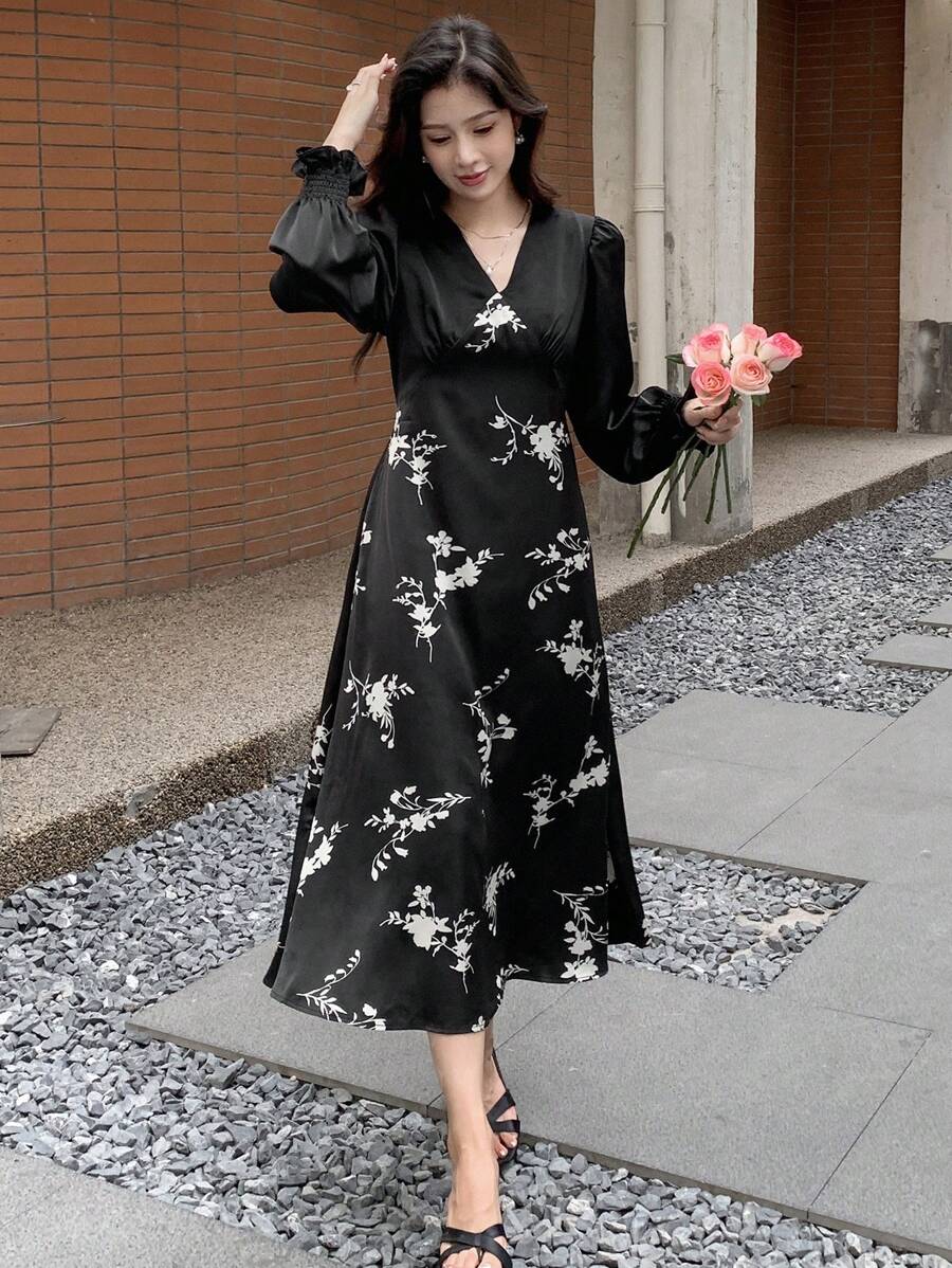 DAZY 印花荷葉袖洋裝 - 黑色 - 查看 1