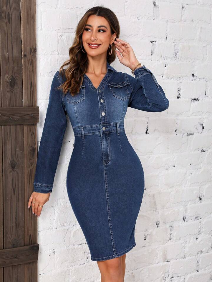 SHEIN LUNE Flap Pocket Button Front Bodycon Denim Dress