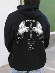 Men Slogan & Wings Print Kangaroo Pocket Drop Shoulder Drawstring Hoodie - Black - View 1
