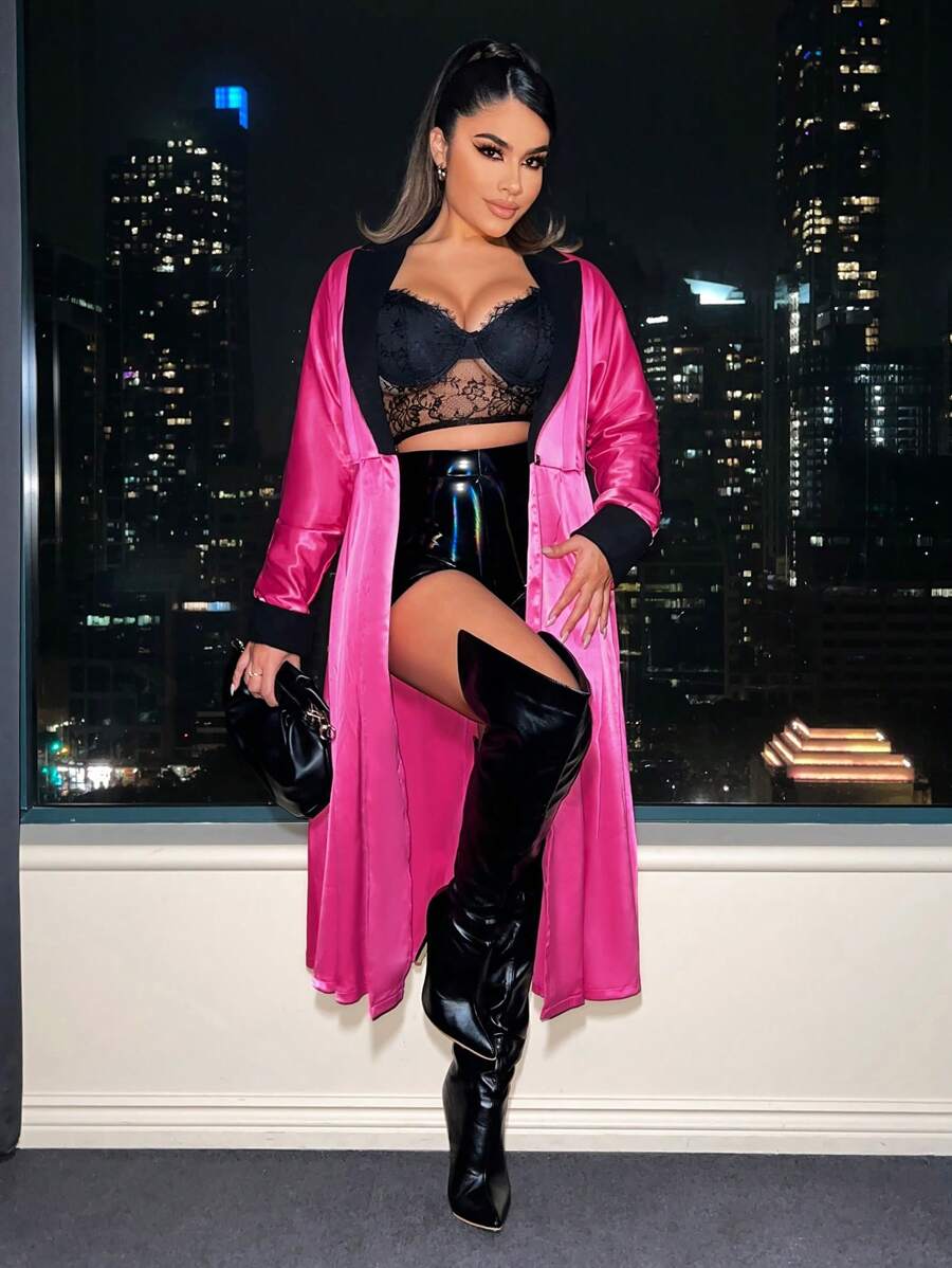 SHEIN SXY 拼接領腰帶緞面外套 - 玫紅色 - 查看 1