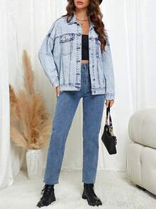 SHEIN Essnce Cazadora mezclilla de hombros caídos con bolsillo con solapa - Azul lavado medio - Ver 6