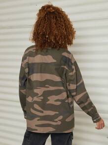 Thiếu niên cô gái Camo In Lót nhiệt Áo khoác denim Không có Áo khoác - xanh quân đội - Xem 2