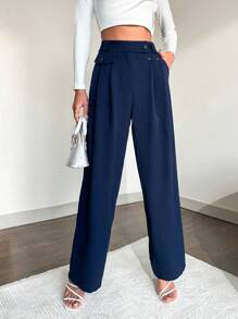 SHEIN Cottnline Navy Blue Professional Straight-Leg Business Suit Pants - Navy Blue - View 1