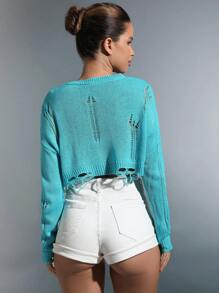 SHEIN Unity 素色落肩袖破洞短款毛衣 - 淺藍色 - 查看 2