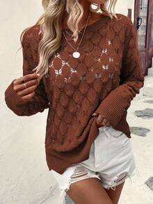 SHEIN VCAY Jersey unicolor de hombros caídos de punto de malla - Marrón - Ver 5