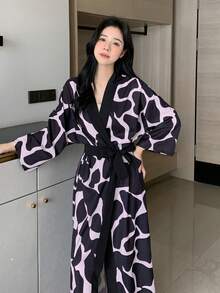 DAZY Allover Print Drop Shoulder Belted Robe - Pink - View 3