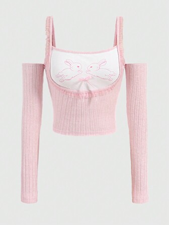 Kawaii Camiseta con estampado de conejo de hombros descubiertos