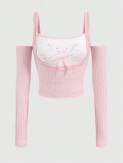 Kawaii T-Shirt mit Hase Grafik, schulterfrei