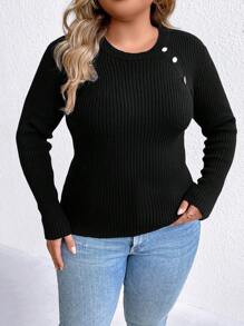 SHEIN Unity Hơn Chi tiết Nút Đồ đan Ribbed Áo len - màu đen - Xem 1