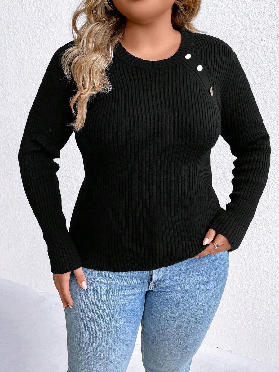 SHEIN Unity Hơn Chi tiết Nút Đồ đan Ribbed Áo len - màu đen - Xem 1