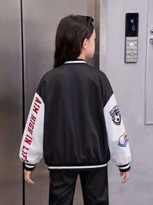 SHEIN Tween Girl Letter & Sports Graphic Drop Shoulder Two Tone Varsity Jacket - Black - View 2