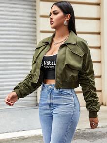 Cazadora crop con bolsillo con solapa de manga fruncido - Verde militar - Ver 5