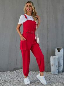 SHEIN LUNE Solid Flap Pocket Belted Overall Jumpsuit Without Tee - Red - View 3