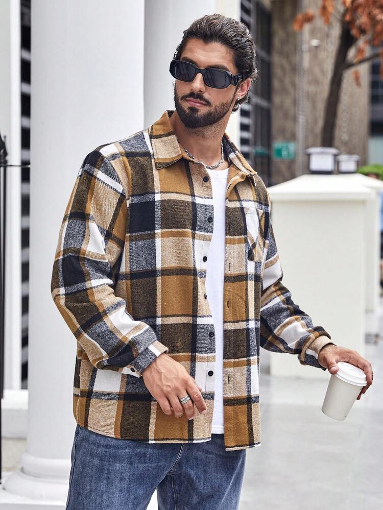 Men Plus Plaid Print Pocket Patched Shacket, Men Plaid Shirt, Brown Flannel, Flannel Shirt, For Fall Winter