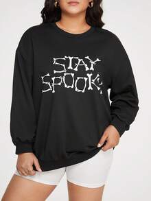 SHEIN Essnce Plus Letter Graphic Drop Shoulder Sweatshirt - Black - View 3