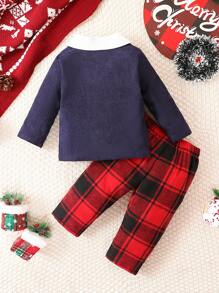 Baby Boy Double Breasted Borg Collar Jacket & Plaid Print Pants