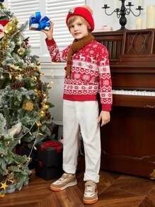 SHEIN Tween Boy Christmas Pattern Sweater,In Fall/Winter - Red and White - View 4