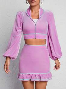 SHEIN PETITE Tay áo lồng đèn Áo Jacket Crop & Xù Hoa Sen Váy - Hồng - Xem 3