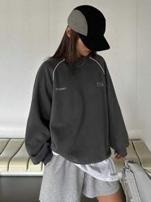 DAZY 字母图案撞色滚边插肩袖运动衫，秋季女装 - 灰色 - 查看 1